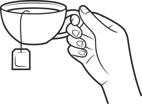 Hand Holding Tea Cup with Teabag Line Art Illustration.