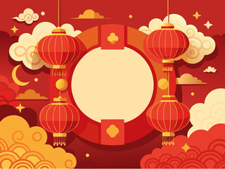 Chinese New Year Decorative Background with Red Lanterns and Auspicious Clouds
