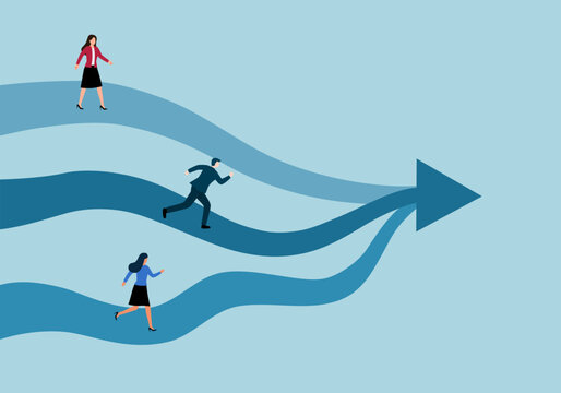 Creating business opportunities and competition, Different options or paths, Different goals, Three businessmen running on the same path towards three way intersection. Vector design illustration.