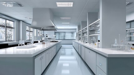 Scientific research laboratory modern design interior space bright environment wide angle view innovation in science