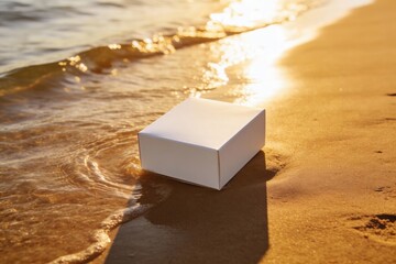 A blank white box mockup rests on golden sand near the water's edge at sunset promoting beach luxury products and copy space