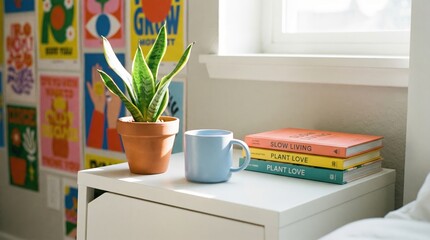 A snake plant, a blue mug, and a stack of colorful books are placed on a white bedside table near a bright window with decorative posters in a minimal bedroom