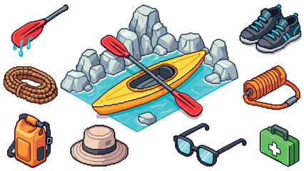 Pixel art adventure gear with kayak and hiking essentials