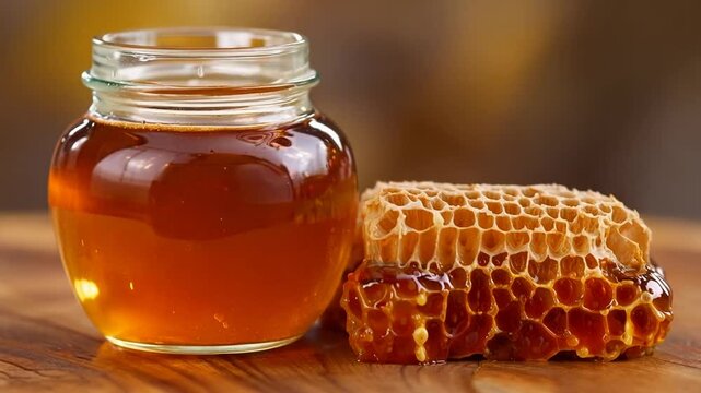 Golden Honey in Jar and Honeycomb, a Natural Sweetener Healthy Food Concept