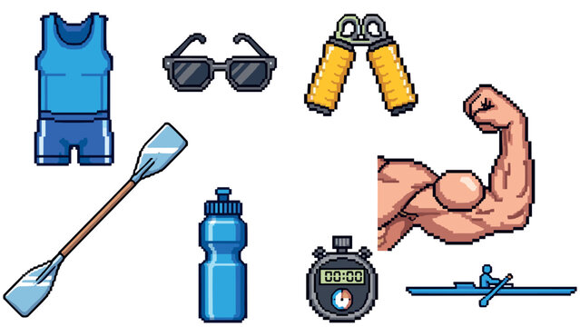 Pixel art sports gear and rowing athlete icons set for fitness and recreation enthusiasts