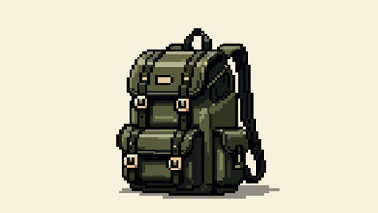 Pixel art green backpack with multiple pockets and straps on beige background