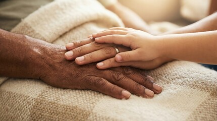 Three intergenerational hands tenderly touching on a knitted blanket symbolizing care and deep family connection