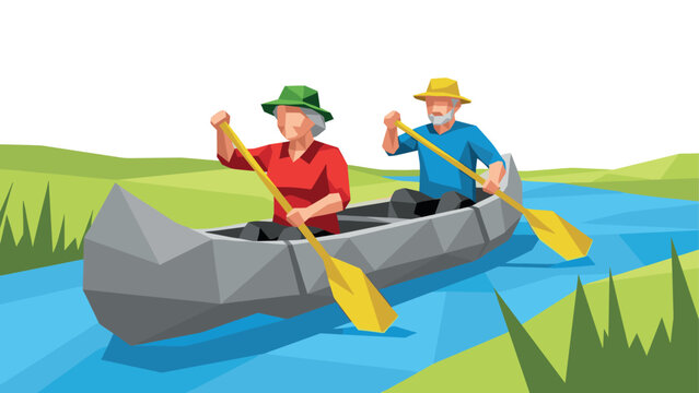 Geometric canoeing adventure in low poly style on a serene river
