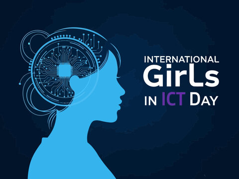International girls in ict day poster with silhouette and gears