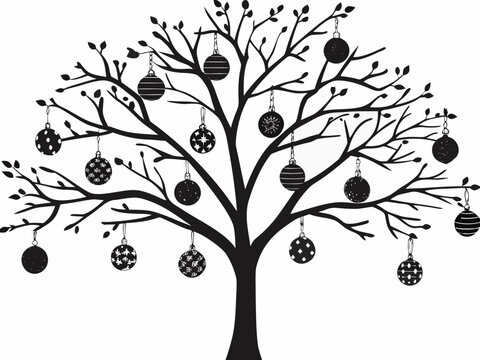 A decorative tree with hanging ornaments a simple black and white illustration