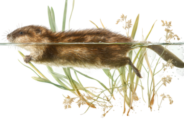 Beaver swimming amongst reeds isolated on transparent background
