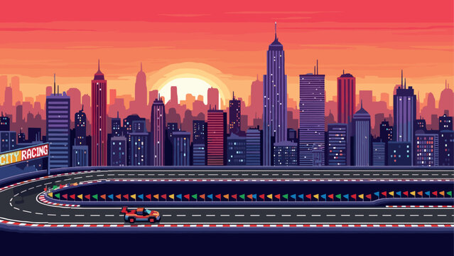 Retro pixel art city sunset with racing car on urban track