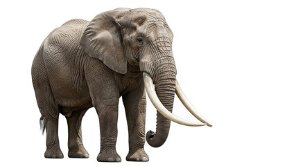 Obraz premium A majestic African elephant stands tall with prominent tusks against a stark black backdrop.