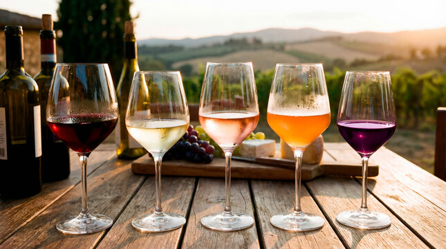 Wine tasting experience in a vineyard at sunset