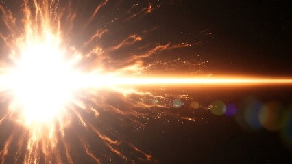 Bright explosion with orange light beam in dark space with stars