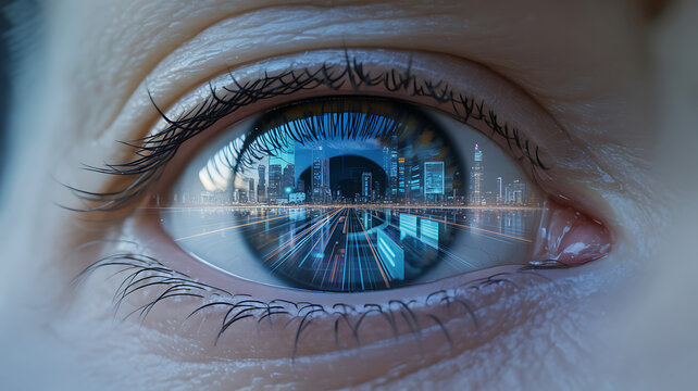 Extreme close-up of a human eye reflecting a futuristic cityscape or digital interface, ideal for technology concepts. - Powered by Adobe