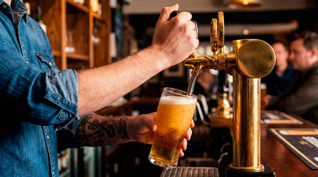 Bartender pouring a fresh pint of beer at a bar