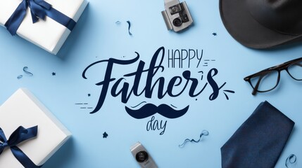 happy father's day background with a blue color scheme, a gift box, and accessories for a man
