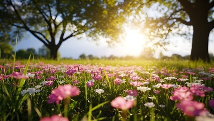 Obraz premium Pradera con muchas flores de margaritas primaverales blancas y rosadas en un día soleado. Paisaje natural en estonia a principios de verano.