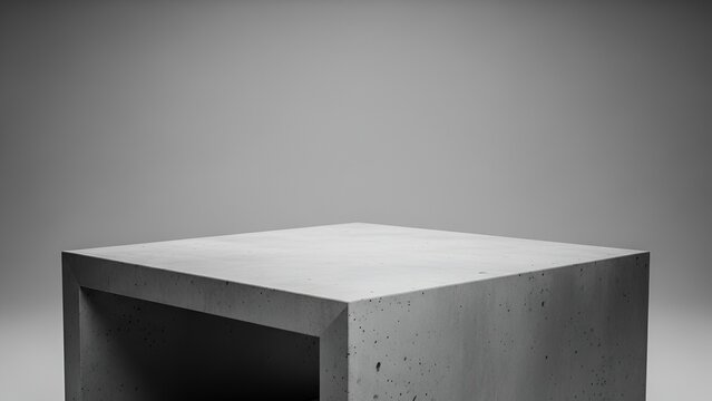 Minimalist Concrete Cube Pedestal on a Gray Studio Background.