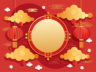 Luxury Chinese New Year Background with Golden Clouds, Red Lanterns, and Central Frame for Text