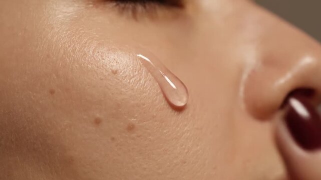 A Hispanic woman applies a hydration serum to her face, using a dropper. She carefully spreads the serum on her skin. The process highlights focus on moisturizing and skin care