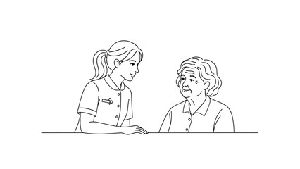 Caring nurse engaging with elderly woman in linear style drawing