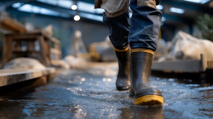 In an industrial environment, a worker wearing heavy duty rubber boots moves through a damp area, highlighting occupational safety, protective clothing, and labor readiness. cinematic color