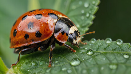 Fototapeta premium Macro Photography of Ladybug on Green Leaf with Dew Drops