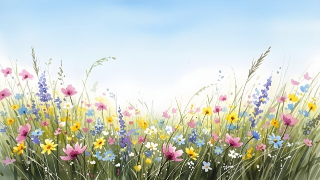 Ilustraci&oacute;n en acuarela de un fondo abstracto de flores de primavera con un espacio de copia.
 IA generativa