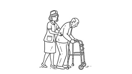 Nurse assisting elderly man with walker in linear style drawing