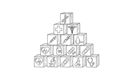Naklejka premium Healthcare icons on stacked wooden blocks in linear style