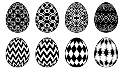 Eight black and white patterned eggs with intricate patterns