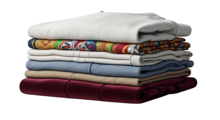Neatly folded stack of colorful clothing on a black background, exhibiting texture and fabric detail