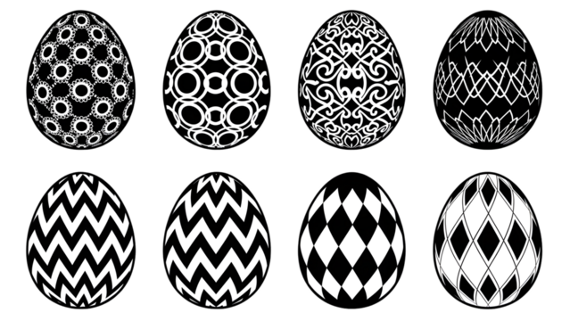 Eight black and white patterned eggs with intricate patterns - Powered by Adobe