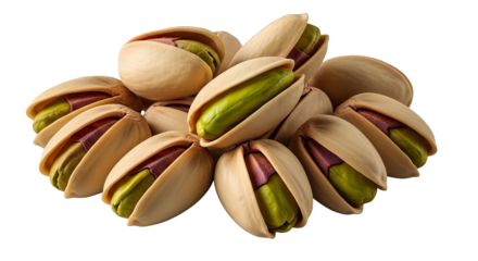Pile of vibrant green pistachios with cracked shells presented against a stark black backdrop.