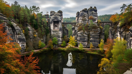 Picturesque Bastei Bridge and towering sandstone rock formations reflected in still lake during colorful autumn.