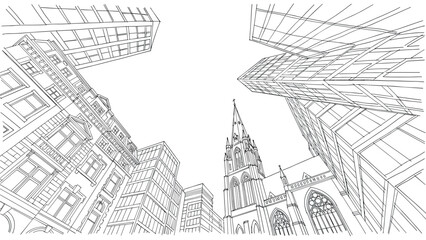 Fototapeta premium Urban architectural skyline featuring diverse modern and historic buildings in linear style