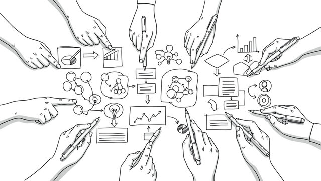 Collaborative teamwork hand drawn concept with diagrams and charts