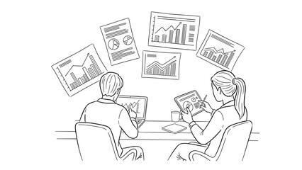 Business analysis team reviewing data on graphs and charts in linear style