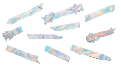 Holographic Tape Strips Scattered on Black Background, Iridescent Adhesive Material