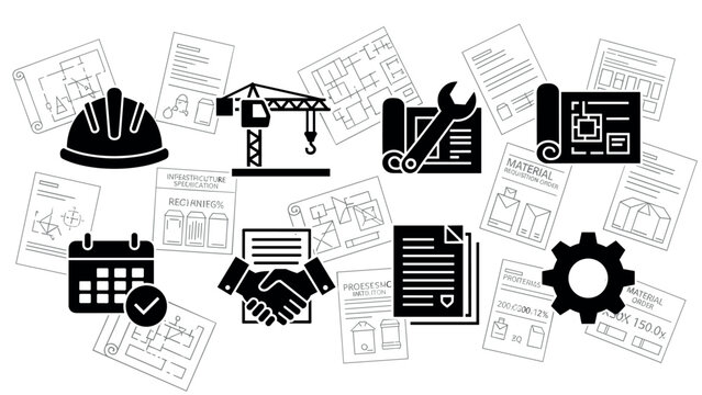 Construction and engineering icons with blueprint documents in black and white silhouette style