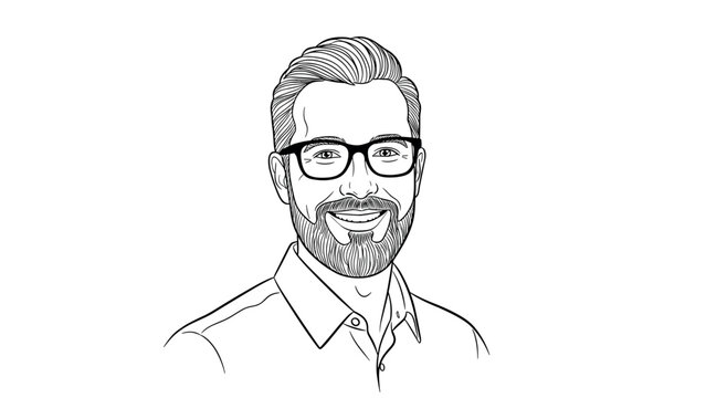 Monochrome portrait of smiling bearded man in glasses and shirt