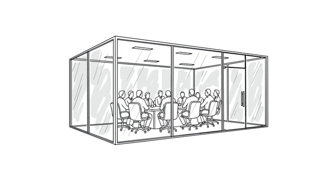 Isometric lineart design of a glass-walled conference room with business meeting