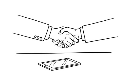 Business handshake with digital device: linear style agreement concept