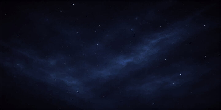 A deep blue galaxy nebula glows within a dark starry night sky filled with bright stars and cosmic light across a vast abstract fantasy starfield of the outer space universe