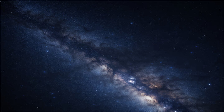 An abstract dark night sky background features a seamless space loop of bright stars and moon light amidst storm clouds with blue smoke texture and lightning over a calm sea