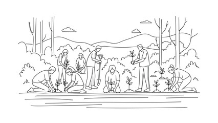 Obraz premium Community tree planting event in nature with volunteers in linear art style