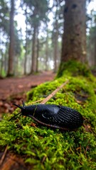 Obraz premium A large black slug crawls across mossy log in misty forest