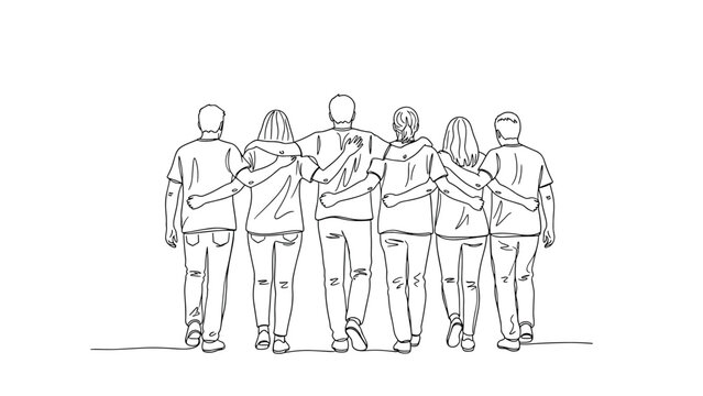 Back view of friends walking together in continuous line art style